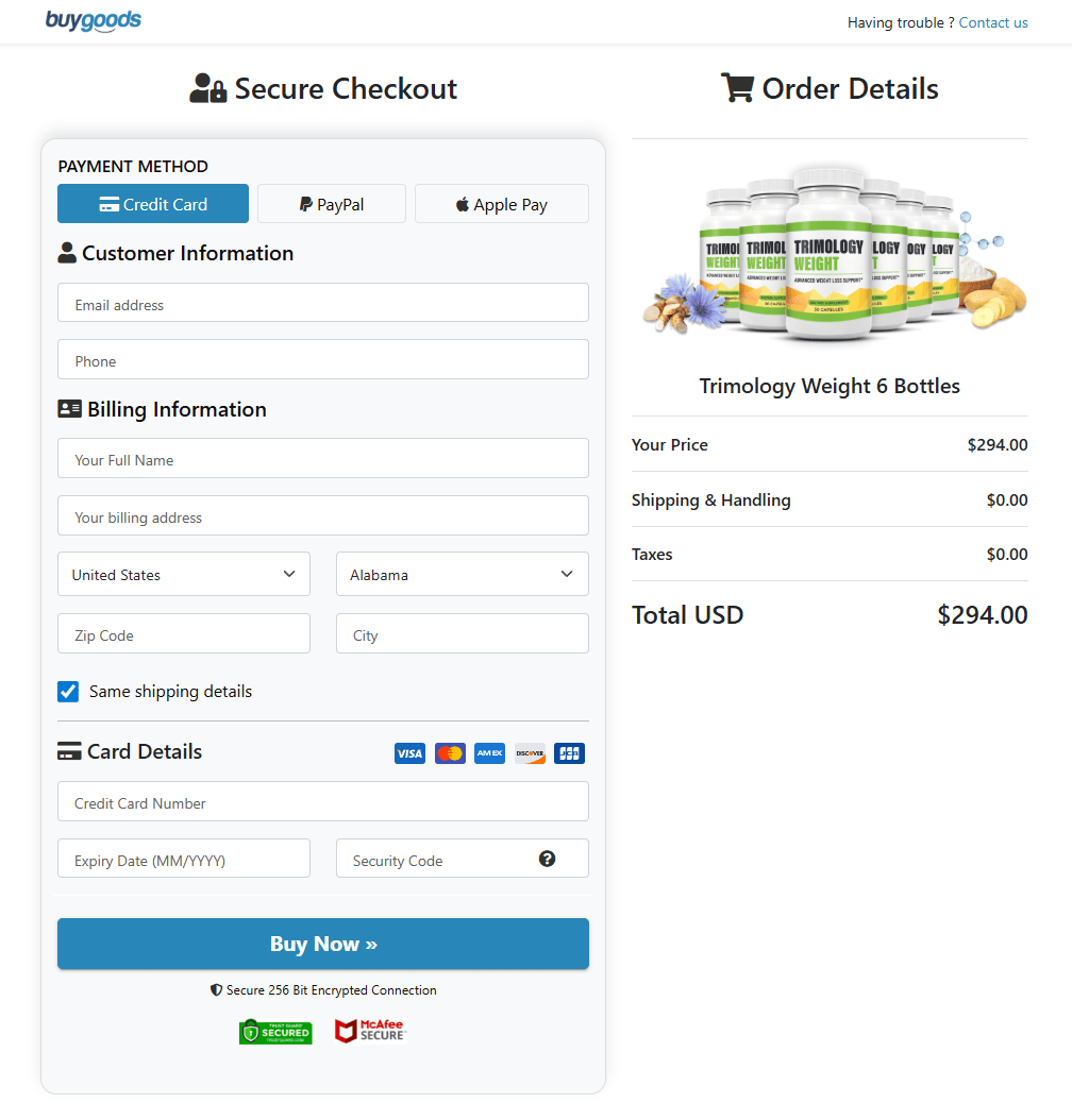Trimology Weight order page